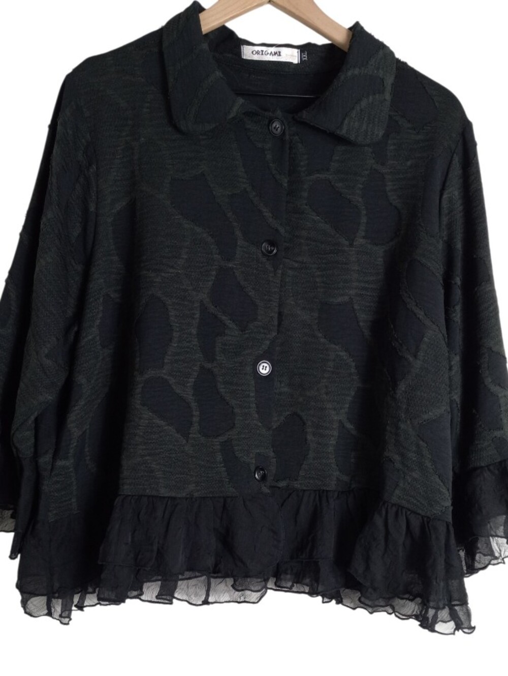 Origami Black Textured Ruffle Hem Blouse Size XXL